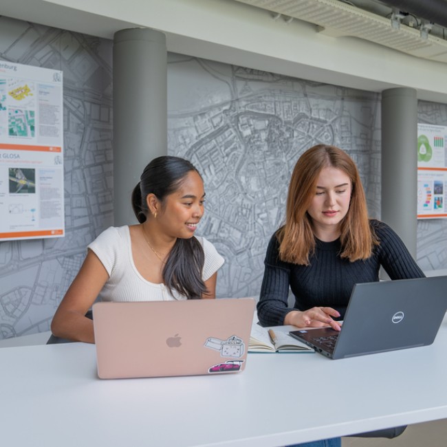 Twee studenten werken samen aan hun scriptie 